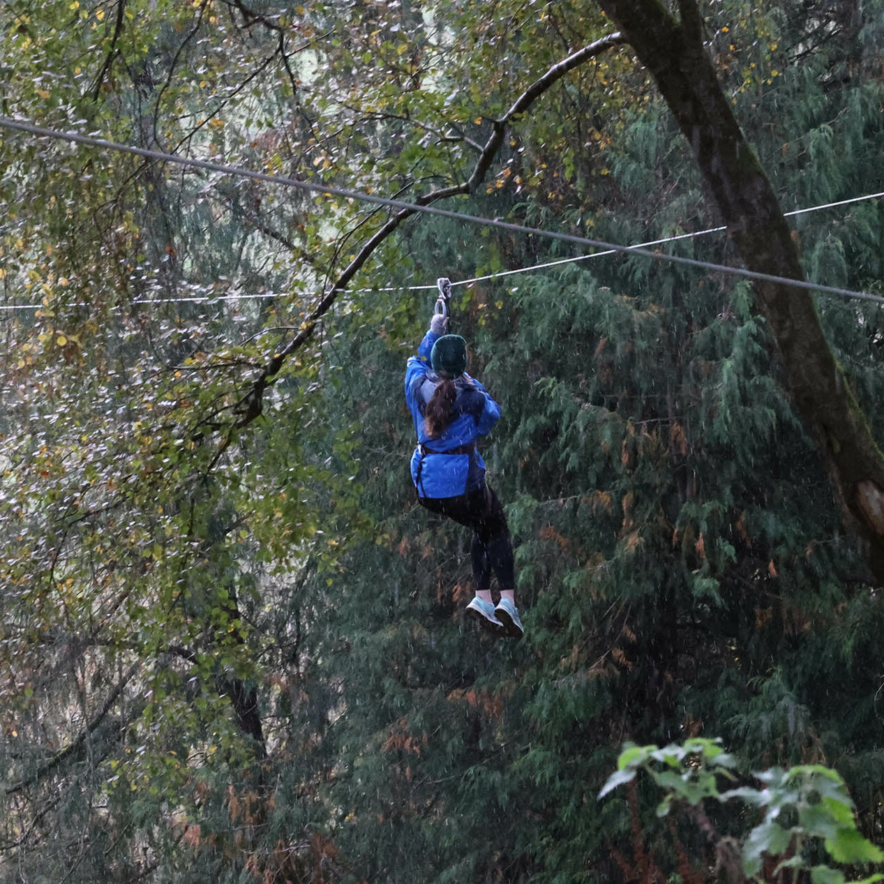 girl ziplining through tree at oakfire adventures